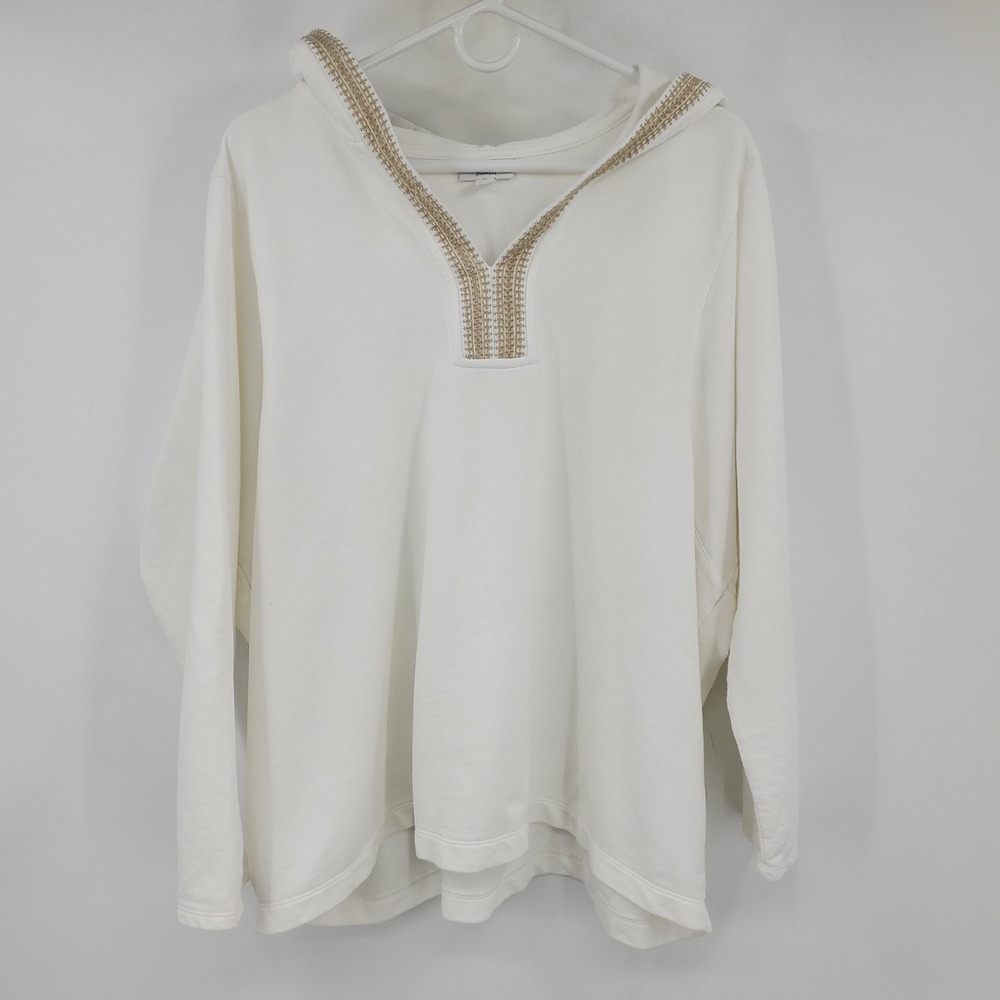 Pure‎ Jill J. Jill White Cotton Embroidered V-Neck Hoodie Sweatshirt 2X Boho
